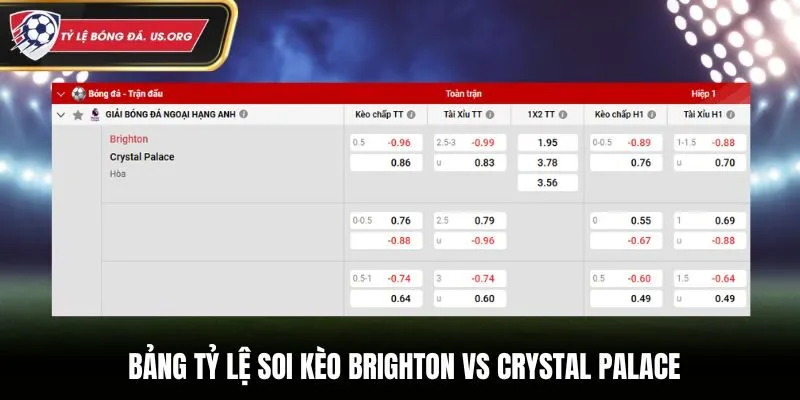 Bảng tỷ lệ soi kèo Brighton vs Crystal Palace chi tiết